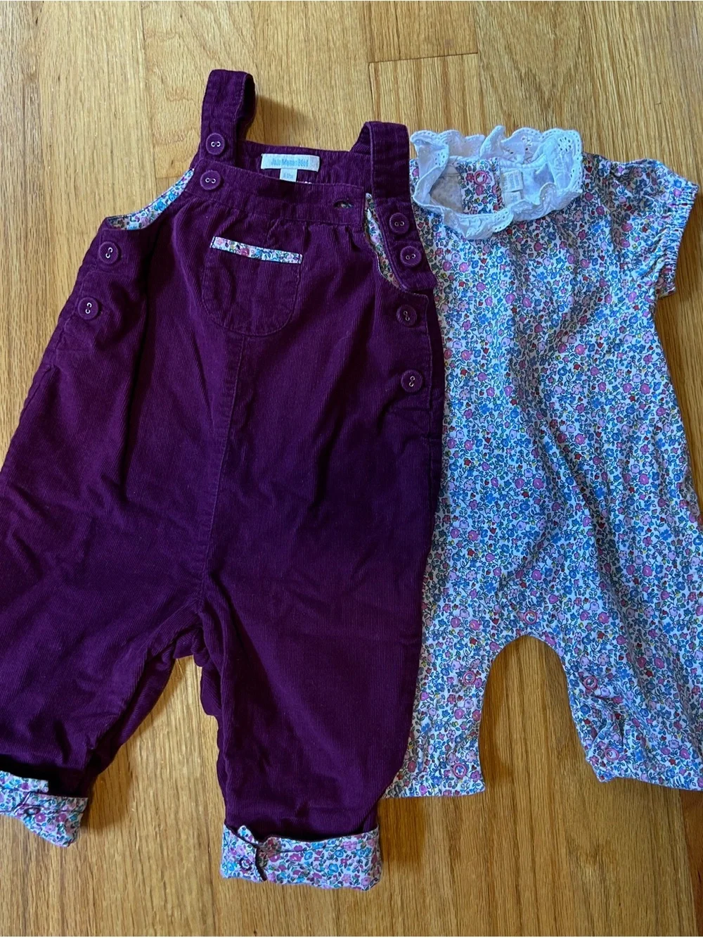 JoJo Maman Bebe Plum Corduroy Overalls and Floral Romper